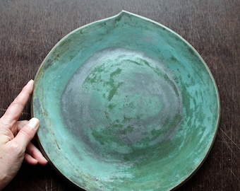 Ceramic Platter, handmade green platter, rustic glazed dessert, party serving platter, droplet shaped asymmetric plate, round platter