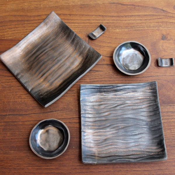 TWO Persons HandmadeCeramic Plate Set, sushi plate saucer bowl chopstick rest, square plates, sushi gift set, unique bronze sushi plates