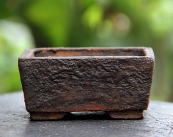 Handmade ceramic bonsai pot, unglazed rectangular textured black brown clay bonsai pot, kusamono succulent cactus planter, shohin pot