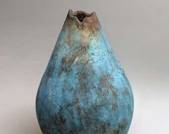 Blue Sculptural Ceramic Vessel, Organic Formed Large Signed Vase