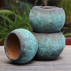 Rustic Turquoise Patina Ceramic Planters, Handmade Clay Succulent Pot Bowls Set of 3