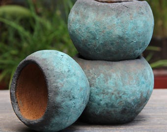 Rustic Turquoise Patina Ceramic Planters, Handmade Clay Succulent Pot Bowls Set of 3