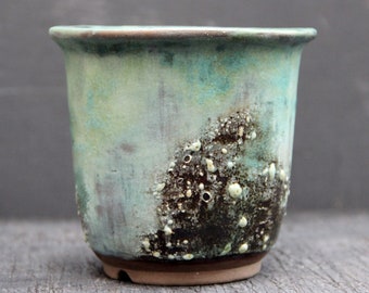 Handmade ceramic bonsai pot, unique artistic glazed green brown round semi cascade bonsai pot, cactus succulent houseplant pottery planter