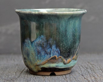 Handmade ceramic bonsai pot, unique artistic glazed brown green yellow round bonsai pot, cactus succulent pot, small houseplant pottery pot