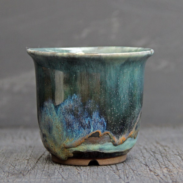 Handmade ceramic bonsai pot, unique artistic glazed brown green yellow round bonsai pot, cactus succulent pot, small houseplant pottery pot