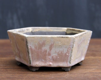 Handmade ceramic bonsai pot, cream beige bonsai pot, hexagonal faceted bonsai pot, minimal planter, small succulent pot, cactus pot