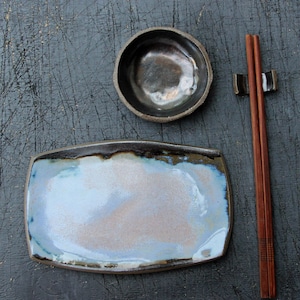 Handmade ceramic sushi plate bowl chopstick rest set, rustic blue bronze rectangle sushi appetizer asian food dinnerware gift set for host