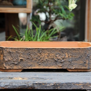 Large 12.5&quot; rustic rectangular ceramic bonsai pot, textured surfaced brown stoneware bonsai pot, shallow large succulent cactus planter