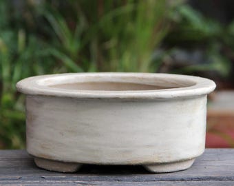 Handmade Ceramic Oval Bonsai Pot: Minimalist Off White Glazed Succulent Planter