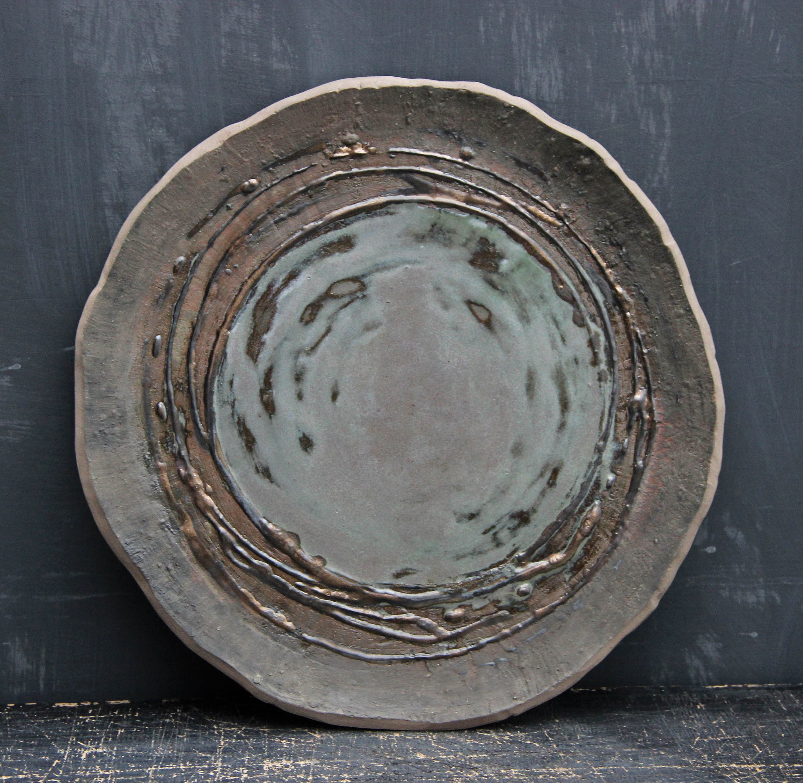 Handmade gray and copper bronze glazed stoneware ceramic platter, artisanal unique centerpiece platter, asymmetric round plate gift for home