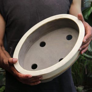 Grande vaso ovale in ceramica per bonsai da 14 pollici: vaso per piante grasse da interno ed esterno smaltato color crema e beige