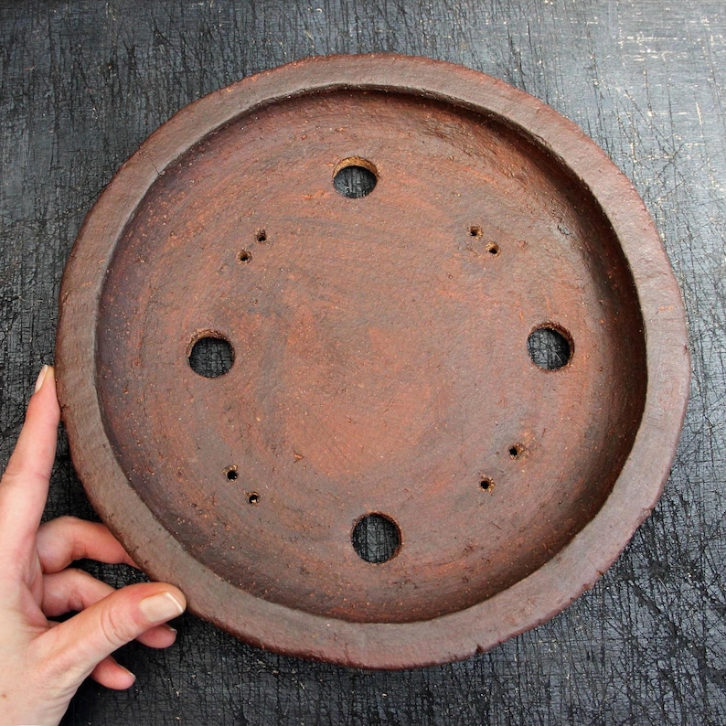 Handmade unglazed ceramic round red clay bonsai pot, shallow rustic succulent planter wildplant cactus pot, exhibition bonsai tree pot