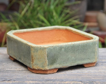 Angled Square Ceramic Bonsai Pot: Pastel Green Glazed Shallow Succulent Planter