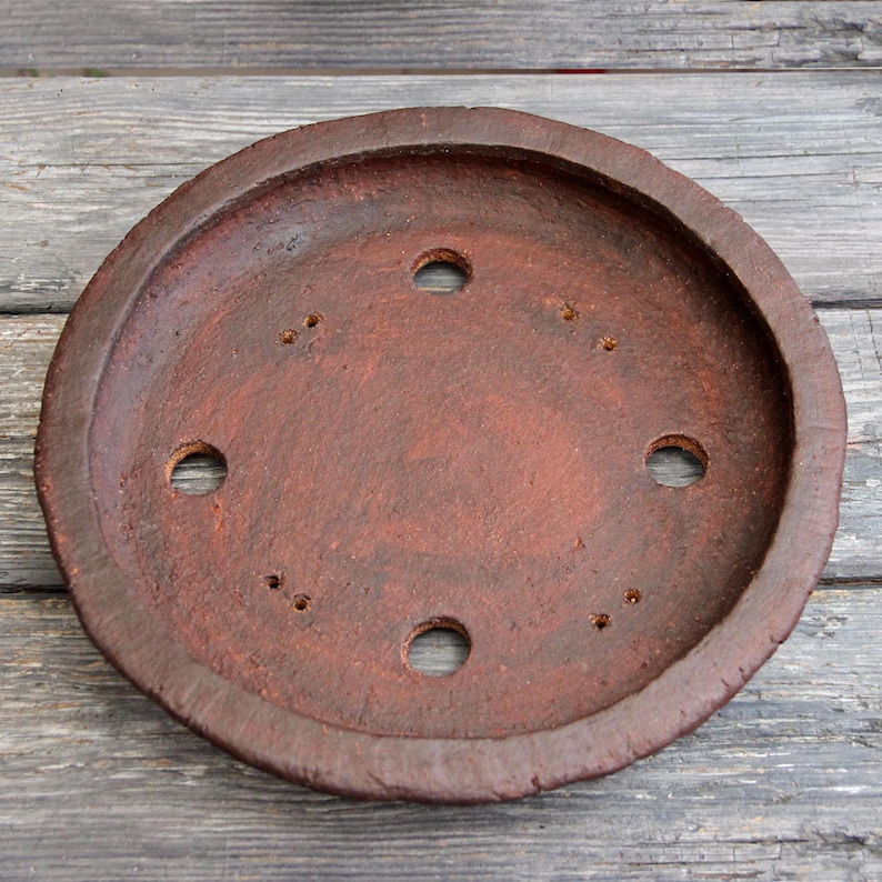 May include: A terracotta colored round saucer with six drainage holes. The saucer is made of a rough, textured material.