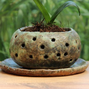 Rustieke groene mini-orchideeënpot met gaten en optioneel schoteltje