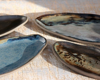 Handmade ceramic oval plates, organic boat formed side plates, blue bronze gray side plates, oval rustic platters, small side serving dishes