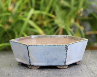 Handmade stoneware ceramic bonsai pot, blue glazed hexagonal faceted plant pot, succulent cactus pot, komono bonsai pot, bonsai tree gift