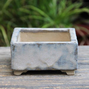 Pastel Blue Square Shohin Bonsai Pot, Modern Shallow Planter Saucer Option