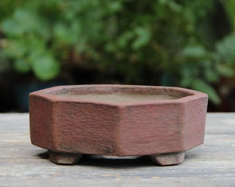 Rustic ceramic red clay bonsai pot, octagonal geometric shallow succulent cactus pot, shohin bonsai tree pot, gift for bonsai artist