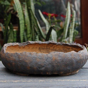 Unglazed Black Brown Clay Oval Bonsai Pot: Rustic Textured Low Planter Bowl