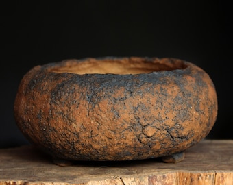 Unglazed Clay Bonsai Pot: Rustic Textured Umber Brown Planter Bowl