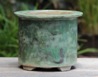 Tall cylinder semi cascade bonsai pot and optional plate, handmade ceramic green glazed cactus succulent houseplant bonsai planter pot