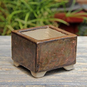 Op de afbeelding: Een kleine, vierkante bonsai pot met een rijke, aarde-bruine glazuur. De keramische pot heeft een getextureerd oppervlak en staat op drie kleine, afgeronde voetjes. De binnenkant is lichter en neutraal van kleur, wat een contrast creëert. Ideaal voor kleine planten.