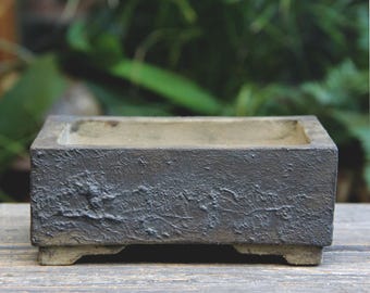 Maceta rectangular de arcilla negra y marrón para bonsái, sin esmaltar, con textura de roca, poco profunda, para suculentas y cactus.
