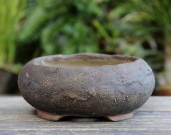Round Unglazed Brown Ceramic Bonsai Pot: Rustic Clay Footed Succulent Planter Bowl
