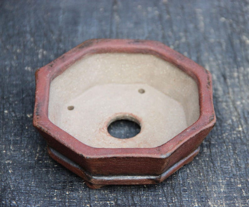 Rustic octagonal ceramic red clay bonsai pot, geometric shallow succulent cactus pot, shohin bonsai tree pot, gift pot for bonsai artist