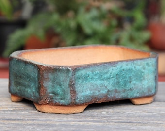 Rectangular Bonsai Pot: Blue Green Glazed Ceramic Planter with Optional Saucer