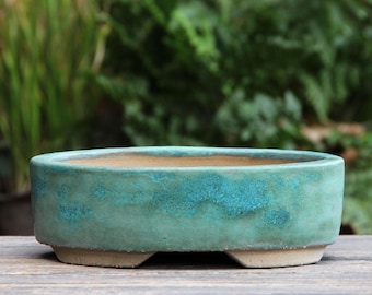Pastel Green Glazed Ceramic Oval Bonsai Pot: Modern Handmade Shallow Succulent Planter