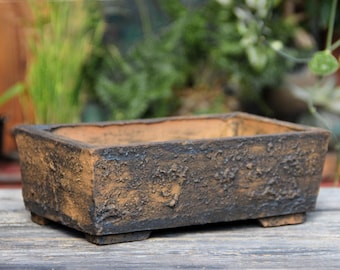 Rustic 10 inch Rectangular Unglazed Bonsai Pot: Large Brown Textured Clay Succulent Planter