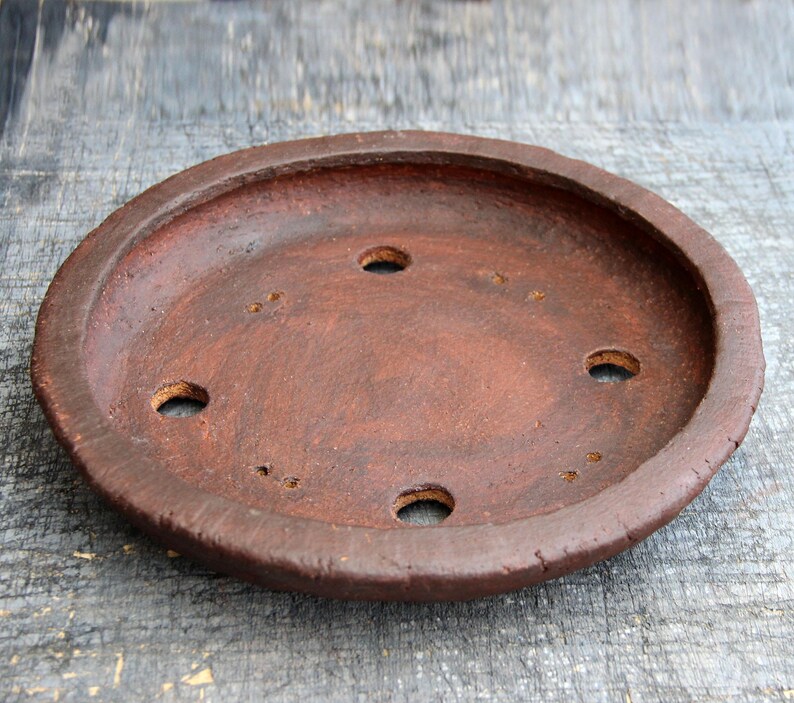Handmade unglazed ceramic round red clay bonsai pot, shallow rustic succulent planter wildplant cactus pot, exhibition bonsai tree pot