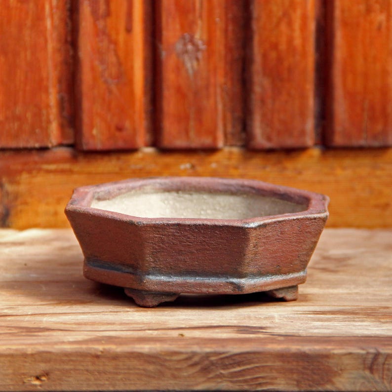 Rustic octagonal ceramic red clay bonsai pot, geometric shallow succulent cactus pot, shohin bonsai tree pot, gift pot for bonsai artist