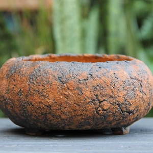 Rustic Textured Umber Brown Clay Planter, Deep Bonsai Pot
