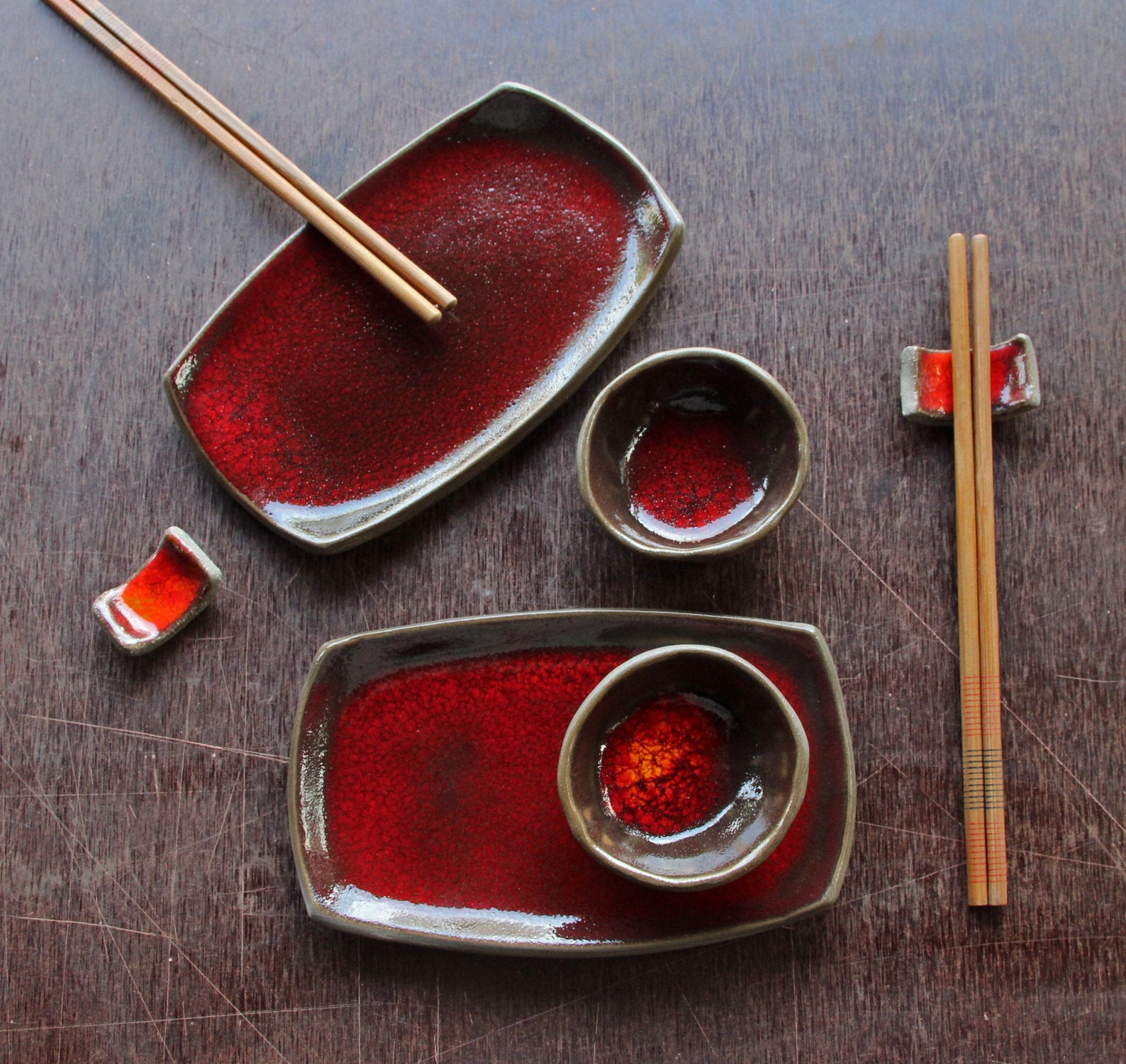 Sushi Plate Set Red Sushi Plate Bowl Chopstick Rest Set Etsy