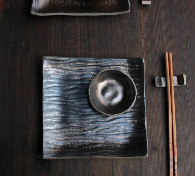 TWO Persons HandmadeCeramic Plate Set, sushi plate saucer bowl chopstick rest, square plates, sushi gift set, unique bronze sushi plates image 3