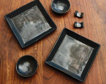 TWO Persons ceramic sushi plate set, rustic black bronze square plate saucer bowl chopstick rest set, sushi asian food plates gift set for 2