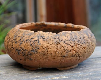Textured Umber Brown Clay Deep Round Bonsai Pot