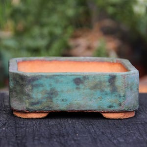 Rustik grönglaserad fyrkantig keramisk bonsai-kruka, grund suckulentplanter
