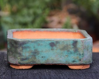 Rustic Green Glazed Square Ceramic Bonsai Pot: Rustic Polygonal Shallow Succulent Planter