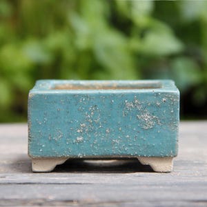 Teal Blue Square Shohin Bonsai Pot, Mini Planter Optional Saucer