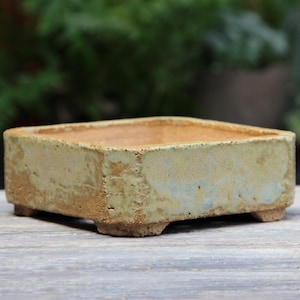 May include: A square ceramic bonsai pot with a light green glaze and a rough, textured surface. The pot has four small feet and is sitting on a wooden surface.