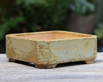 Bonsai Pot Square: Rustic Handmade Ceramic Yellow Beige Glazed Shallow Planter