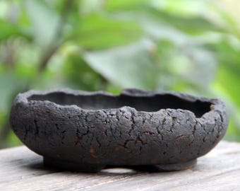 Handmade Ceramic Bonsai Pot, Unglazed Crackled Surface Black