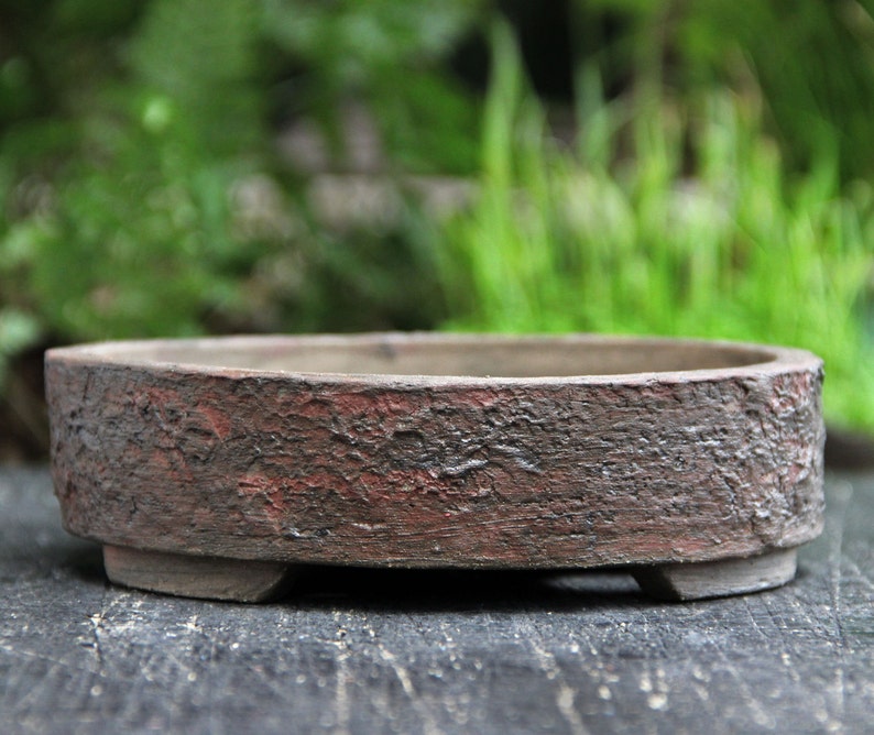 Handmade ceramic bonsai pot, unglazed textured red brown round stoneware clay bonsai pot, succulent cactus planter, bonsai exhibition pot image 1