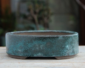 Handmade ceramic bonsai pot, oval bonsai tree pot, blue green glazed pot, stoneware bonsai pot, succulent cactus planter, exhibition pot