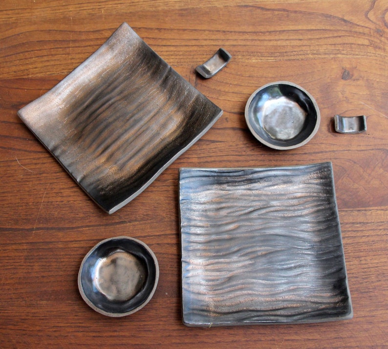 TWO Persons HandmadeCeramic Plate Set, sushi plate saucer bowl chopstick rest, square plates, sushi gift set, unique bronze sushi plates image 1