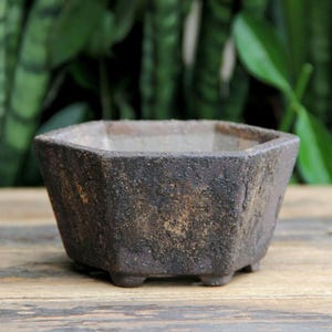Sześciokątna, nieszkliwiona, brązowa gliniana doniczka bonsai: rustykalna, teksturowana, wielokątna doniczka na sukulenty
